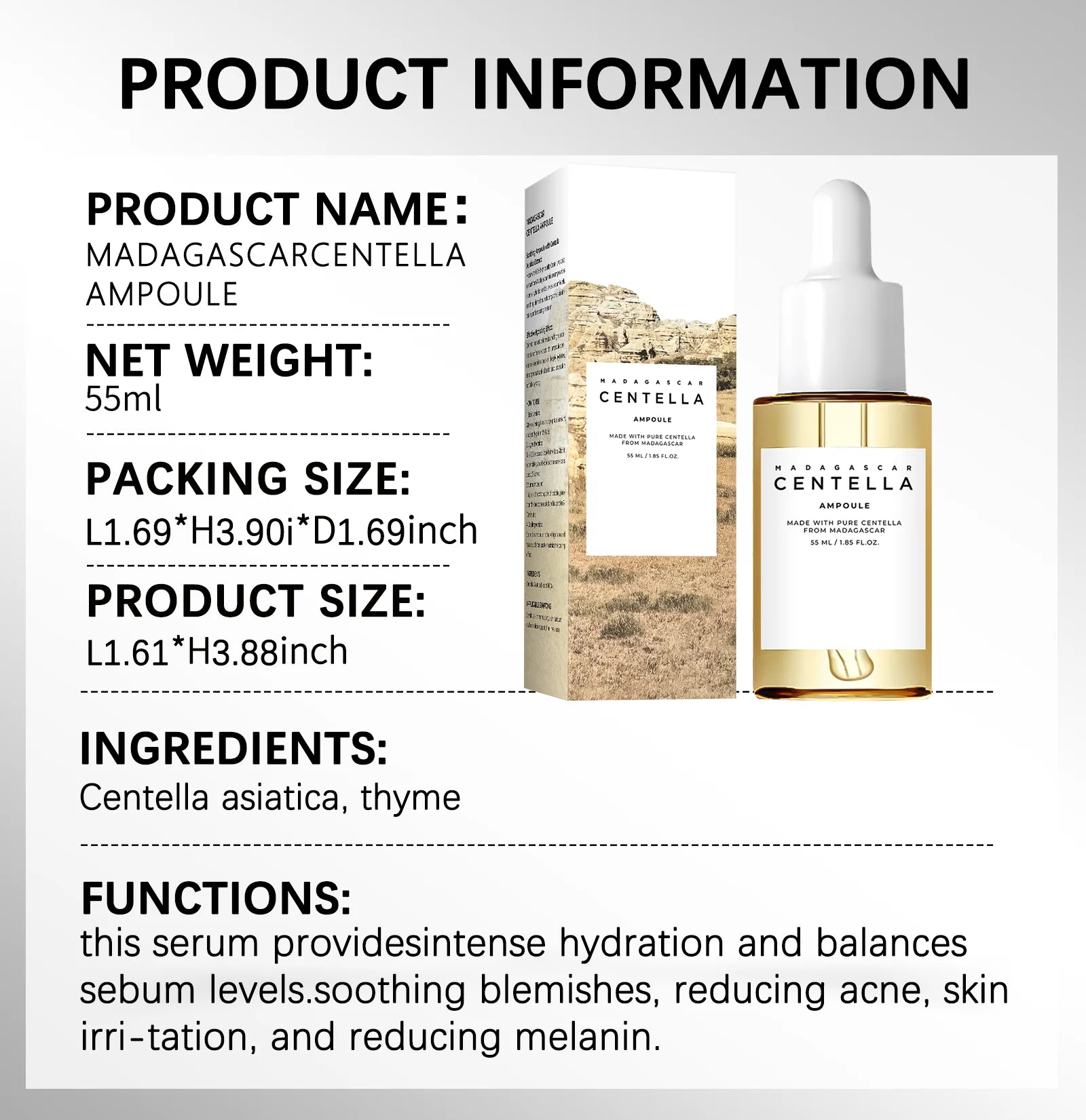 Madagascar Centella Asiatica Serum 55ml - Sensitive Skin Soothing Formula with Acne Support & Deep Moisturizing Care for Face.